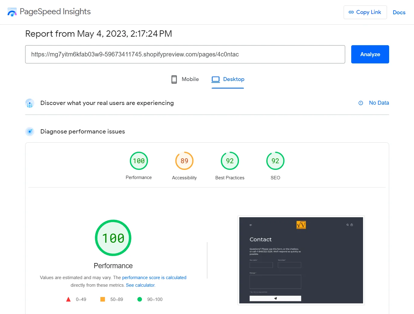 PageSpeed Insights Desktop report showing 100 performance, accessibility, best practices, and SEO scores.